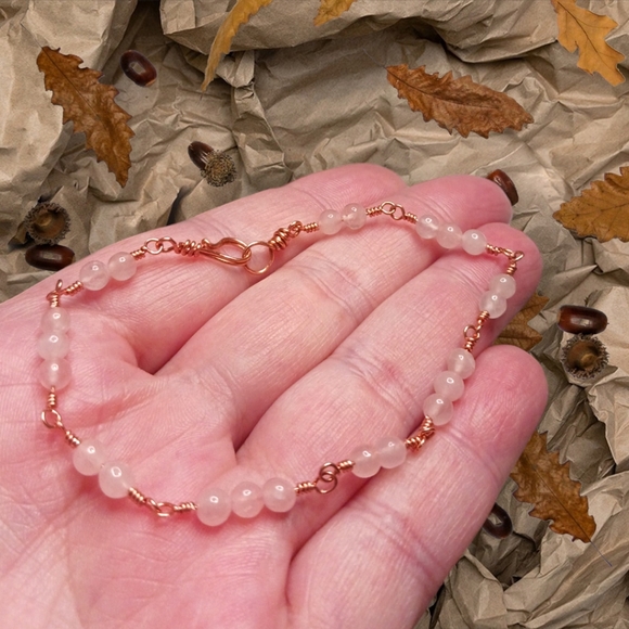 Artisan Jewelry - Artisan Copper Wire Wrap Bracelet with Rose Qaurtz Beads